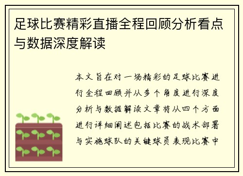 足球比赛精彩直播全程回顾分析看点与数据深度解读